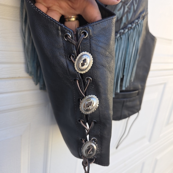 Edgy Black Leather Vest with Blue Fringe - Picture 3 of 6